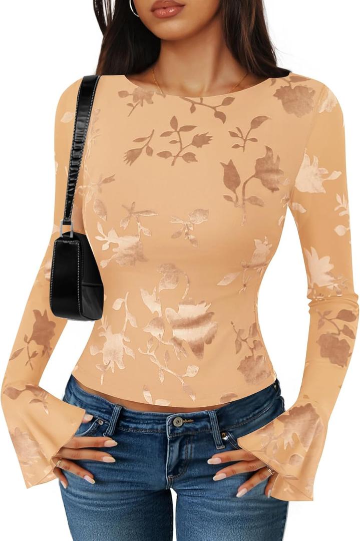 ZESICA Womens Bell Long Sleeve Going Out Tops 2026 Spring Trendy Mesh Floral Fitted Shirts Cute Date Y2k Top Outfits (Medium, Redapricot)