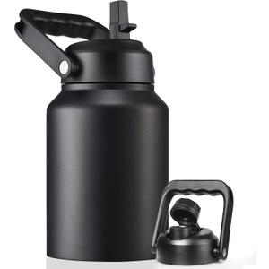 Half Gallon Insulated Water Bottle Jug with Straw, 64 oz Large Stainless Steel Sports Metal Water Flask with Handle, Thermal Water Cup Mug with 2 Lids, Black