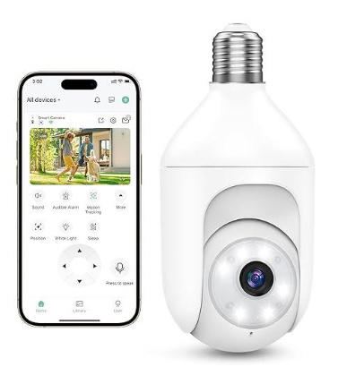Akasumer Light Bulb Security Cameras Wireless Outdoor Indoor, 2.4GHz WiFi Lightbulb Cameras for Home, 360°PTZ, 2K Color Night Vision, Motion Detection, 2Way Audio, Spotlight Audible Alarm
