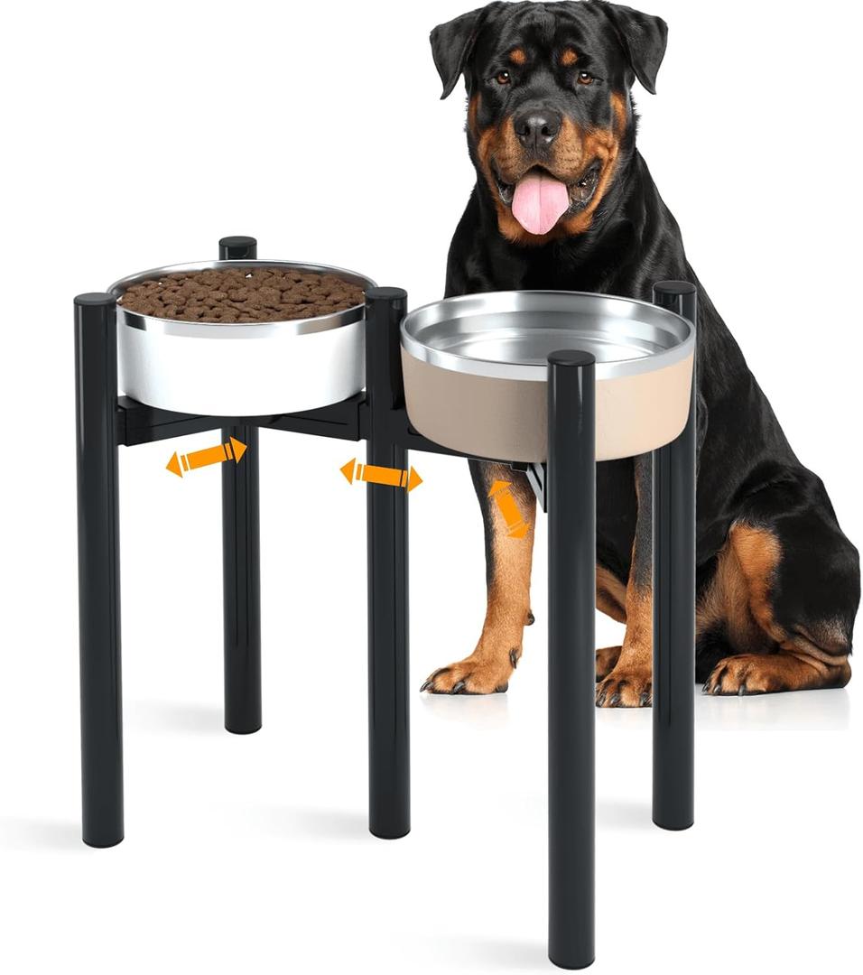 SHAINFUN 2-in-1 Elevated Dog Bowls Stand for Large & Extra Large Dogs, Adjustable for 7-10.6" Wide Bowls, 14" Tall Raised Dog Food & Water Bowl Stand (2Pack-Height: 13.7", Width: 7-10.6", 2Pack- Black-13.7H-Round)