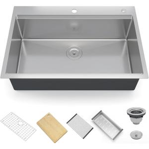 Garvee 30 Inch Kitchen Sink for Single Bowl,Undermount Kitchen Sink Stainless Steel Sink 16 Gauge Kitchen Sinks with Accessories, Easy Drain and Low Noise 30" x18" x10" (Brushed Nickel)