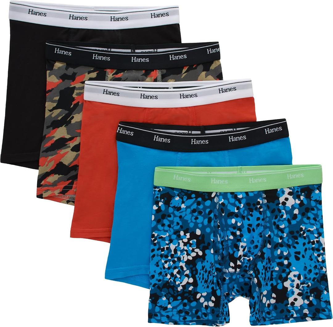 Hanes Boys' Boxer Briefs, Moisture-wicking Cotton Stretch Underwear, Assorted 5-pack (Large, Blue/Black/Red Assorted)