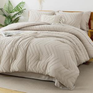 Litanika King Size Comforter Set with Sheets Beige - 7 Pieces Bed in a Bag King Chevron Tufted Boho Luxury Bedding Sets with Comforter, Sheets, Pillowcases & Shams (King (104"x90"))