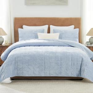 Hansleep Velvet Quilt King Size, Luxury Bedspread Bedding Set, Ultra Soft Coverlet Oversized for Bed, Lightweight Comforter with 2 Matching Pillow Shams for All Season, 108"x92", Light Blue