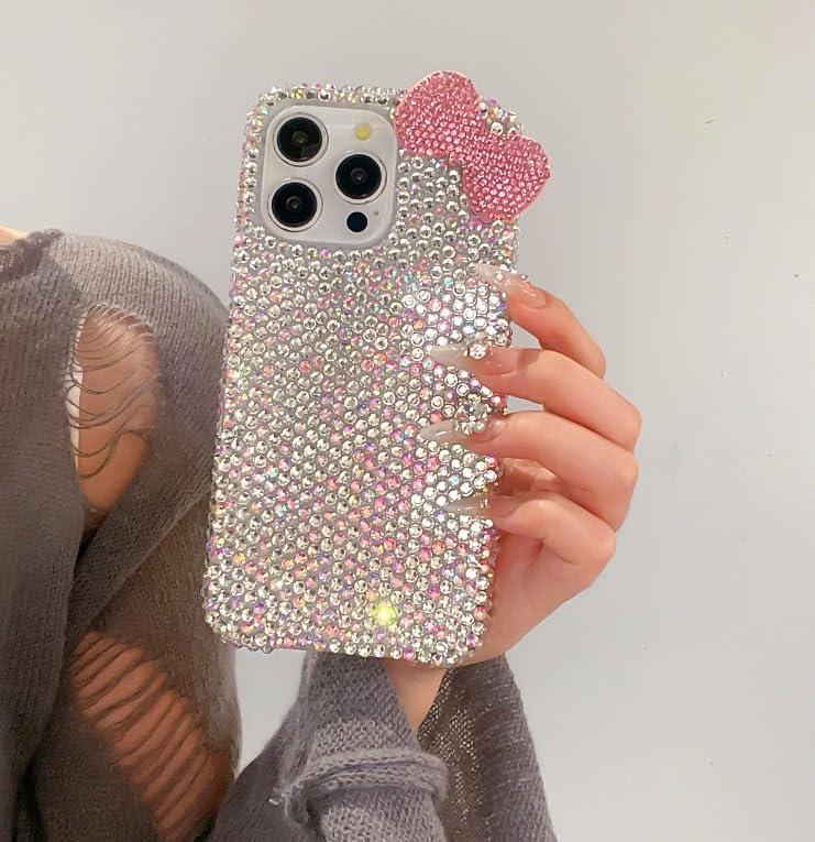 for iPhone 11 3D Glitter Sparkle Bling Case Cute Bow Pink Women Girls Kids Crystal Rhinestone Clear Protective Diamond Bumper Cover Case for iPhone 11 6.1 inch