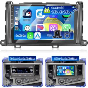 [4+64G] Hikity Android 15 Car Stereo for Toyota Sienna 2011 2012 2013 2014 with Wireless Carplay Android Auto, 9'' IPS Touch Screen Radio Bluetooth Mirror Link GPS WiFi SWC AI DSP/FM/RDS/EQ Backup Cam