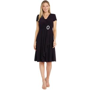 R&M Richards Women's Cascade Wrap Dress with V-Neck & O-Ring Rhinestone Buckle, Work to Weekend Short Sleeve Flowy Silhouette (Purple, L)