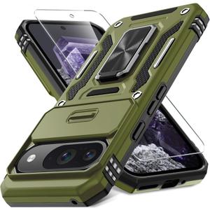 DEERLAMN Case for Google Pixel 9/9 Pro with Slide Camera Cover+Screen Protector(1 Pack), Rotated Ring Kickstand Military Grade Shockproof Protective Cover-Olive Green