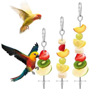3Pcs Parrot Fruit Stick Feeder Fruit Vegetable Treats Skewer Bird Cage Stainless Steel Food Holder for Hanging Bird Foraging Toys for Macaw Parakeet Budgie (3 Sizes)