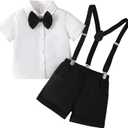 Baby Boys Formal Suit Set Short Sleeve with Bowtie Suspender Shorts Pants Outfits Clothes 0-24Months (Black)