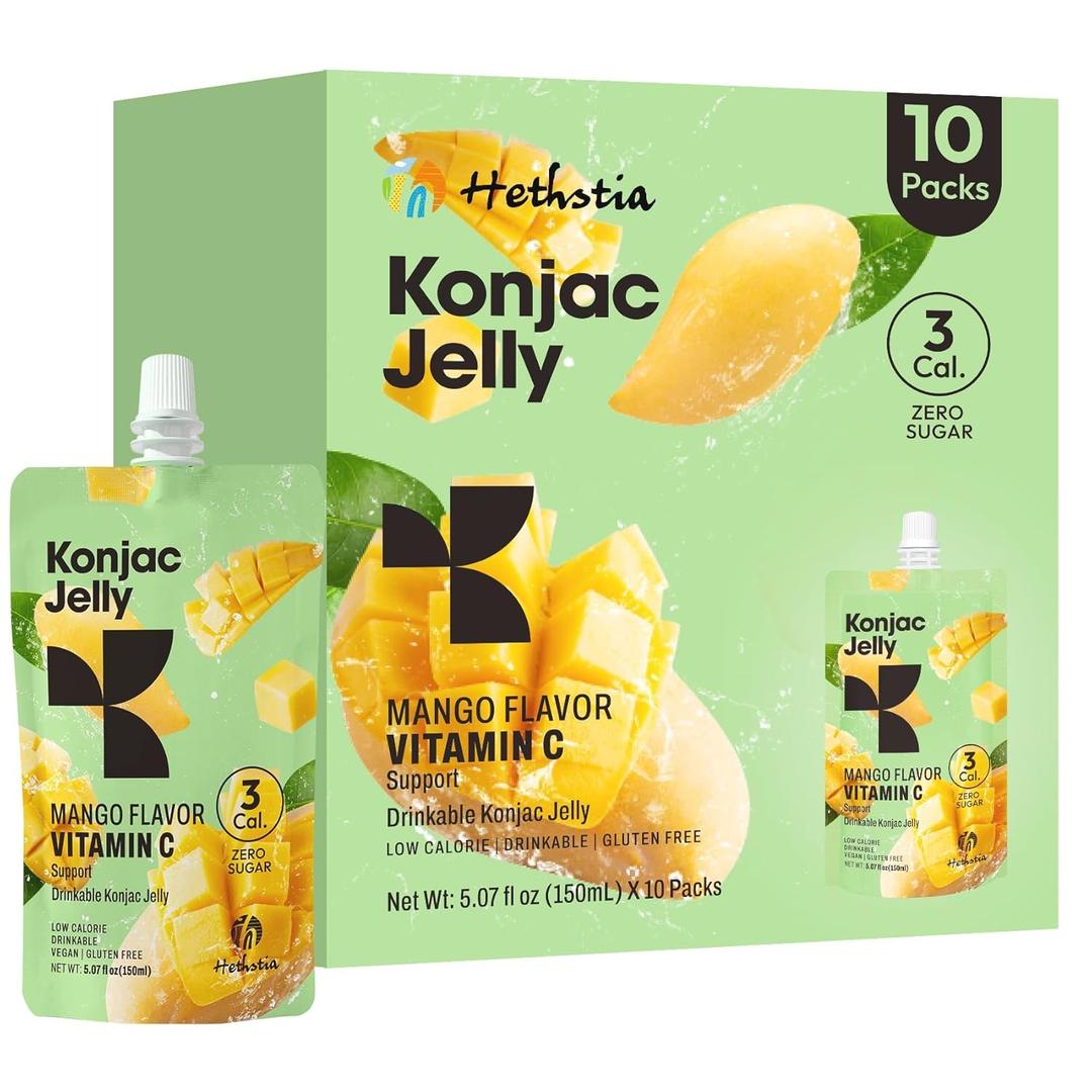 Hethstia Konjac Jelly-Mango Flavor Drinkable Snack, 10-Pack Squeeze Pouches|3 Calories,0 Sugar, Vitamin C |Keto, Vegan, Gluten-Free, Healthy Low-Calorie Snack