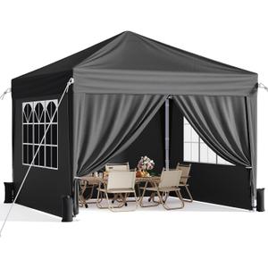10x10 Pop Up Canopy with Sidewalls, Instant Portable Canopy Tent with Carry Bag for Commercial Events, Camping, Parties - Black