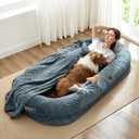 Human Dog Bed for Adult - Luxury Faux Fur Giant Size Dog Bed with Portable Handle, Egg Orthopedic Foam Bed with Blanket, 72"x40"x10", Grayish Blue