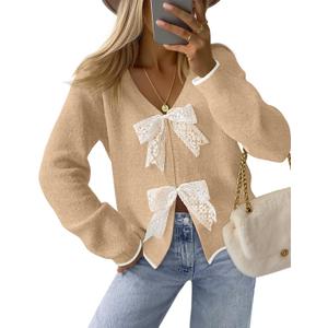MEROKEETY Women's Tie Front Bow Cardigan Sweaters 2025 Long Sleeve Chunky Knit Cute Trendy Fall Winter Coats (Medium, Camel)