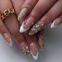 Floral Press on Nails Medium Almond Fake Nails Bare Powder Gilded Flowers Pearls Designs Nails Press ons Gel Acrylic Glue on Nails Medium Length Flowers Gold Lines Stick on Nail for Women 24Pcs