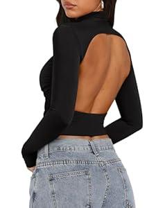 PINKMSTYLE Womens Backless Ruched Double Lined Top Turtleneck Long Sleeve Shirts Fall Going Out Outfits 2025 Black Medium