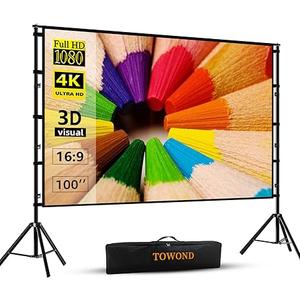 TOWOND Projector Screen and Stand, 100 inch Projection Screen Outdoor Indoor, Portable 16:9 4K HD Rear Front Movie Screen with Carry Bag Wrinkle-Free Design for Home Theater Backyard Cinema