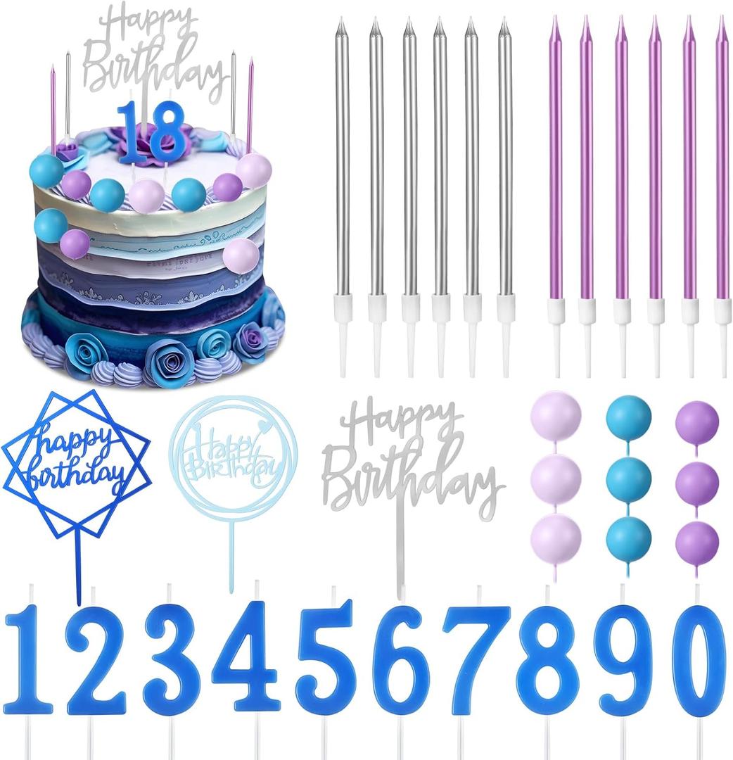 Yerliker 34 Pcs Happy Birthday Cake Toppers Decorations Birthday Candles DIY Cake Decor for Men Women Wedding Anniversary(Blue Purple)