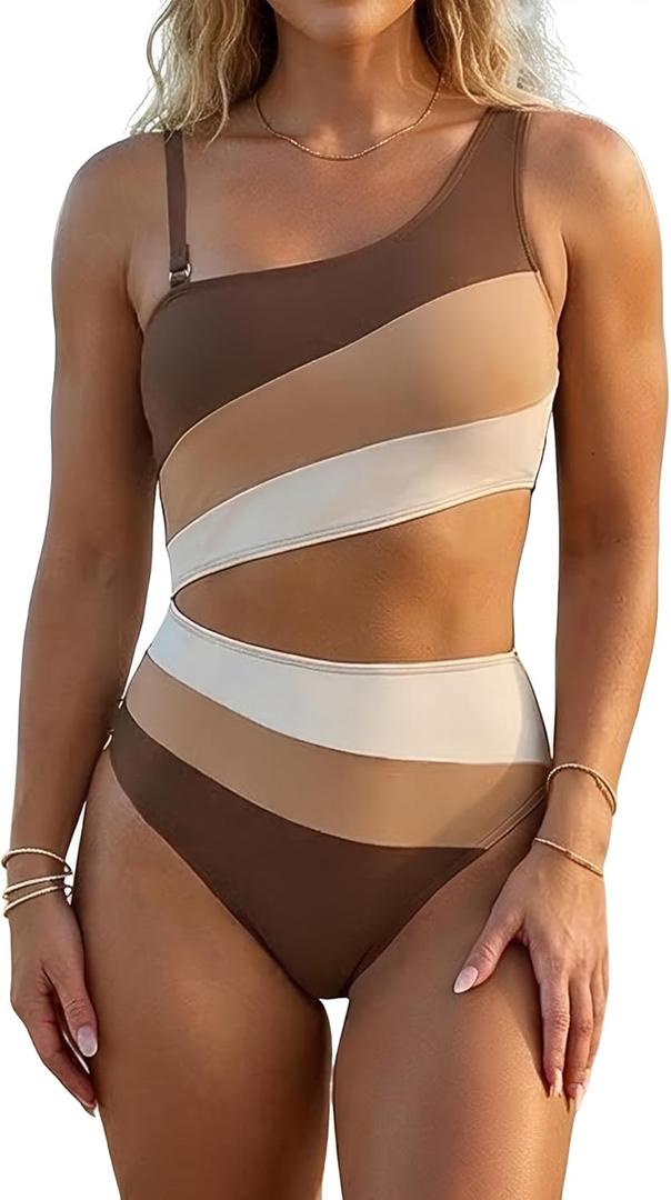Leoparts Women's Color Block One Piece Swimsuits Monokini One Shoulder Cutout High Cut Bathing Suits Beachwear Small