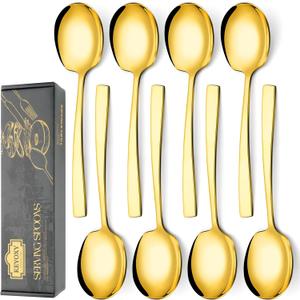Gold Large Serving Spoons Set - 8 Pieces Stainless Steel for Parties, Kitchen, Buffet - 9.2-Inch, Dishwasher Safe