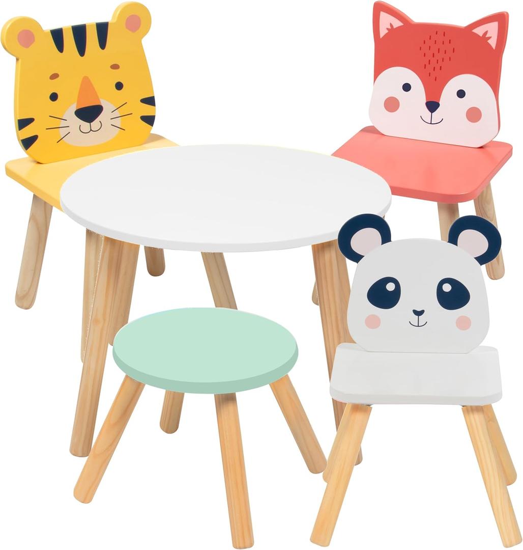 Kids Wooden Animal Table & Chair Set w 4 Seats- Tiger Panda Fox & Adult Stool- Arts & Crafts Coloring, Dining, Pretend Play- Durable Playroom Furniture, Home Daycare Classroom- Toddler Activity Center