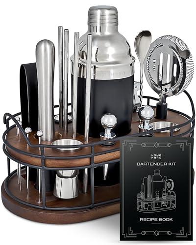 Home Hero Bartender Kit - 22-Piece Cocktail Shaker & Bar Tool Set - Wooden Stand Display & Bar Cart Accessories - Recipe Book & Housewarming Gifts - 22-Pc, Silver