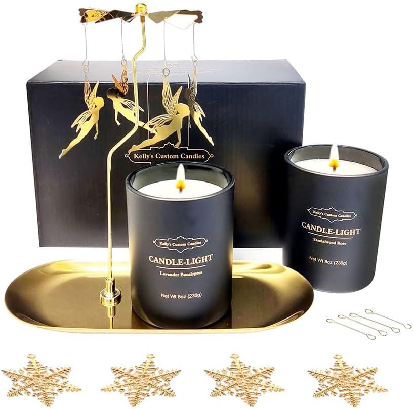Kelly's Custom Candles Rotating Candle Set, Candles for Women - Sandalwood Rose & Lavender Eucalyptus, Angel+Snowflake Design, Aromatherapy, Stress Relief, 2x16 oz, Black (Large(2-Pack))