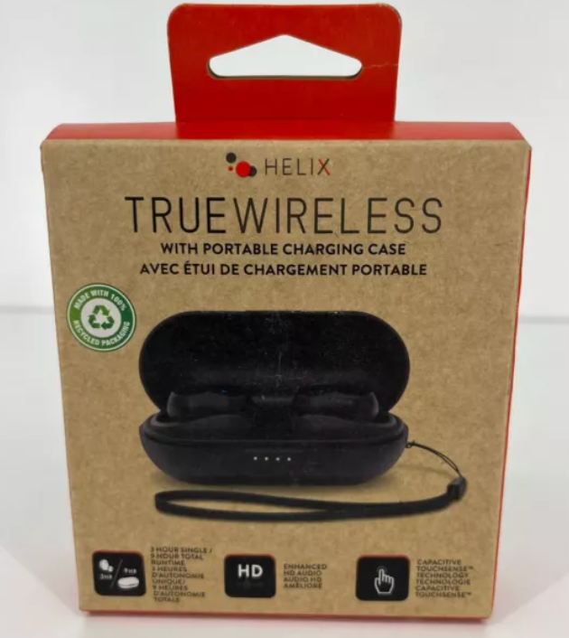 Helix True Wireless Earbuds With Portable Charging Case Black V1-1123 NEW Sealed