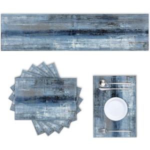 Cotton Linen Table Runner and Placemats Set of 6,Blue and Grey Abstract Paint Art Home Table Decor for Dining Farmhouse Wedding Party Holiday Dinner,13X70 Inches
