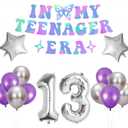 13th Birthday Decorations for Girls Iridescent In My Teenager Era Banner,Foil Balloon 13,Silver Purple Latex Balloons
