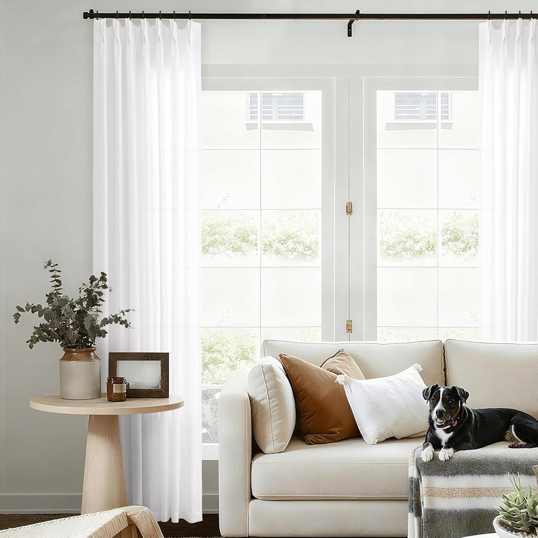 102 Inch Long Half Privacy Window Curtains for Living Dining Room Bedroom Semi Sheer White Linen Pinch Pleated Drapes 102 Inches Long Luxury Textured Extra Wide Floor to Ceiling Curtains