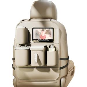 GMQ Backseat Car Organizer with Touch Screen,Protectors Kick Mats Travel Accessories for Kids,Multifunctional Seat Back Organizer Car Travel Organizer Accessories (Beige, 1PC)