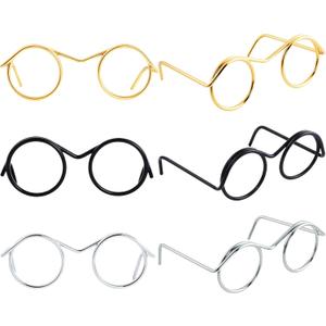 6pcs Mini Metal Doll Glasses, Small Eyewear Wire Rim Toy Glasses, Doll Making Round Dress up Eyeglasses Decorative Accessories for Dog Cat Costume Cosplay DIY Crafts- Black & Gold & Silver