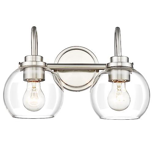 Audickic 2-Light Bathroom Light Fixtures, Brushed Nickel Vanity Light with Globe Clear Glass Shade, Modern Vanity Lighting Fixtures Over Mirror, AD-22280-2W-SN