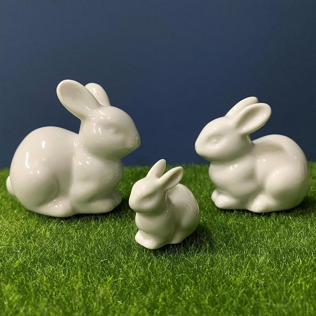 Set of Mini Ceramic Rabbit Figurines, Porcelain Easter Bunny Decorations for Home, Tabletop Ornament, Tea Ceremony Pet (3-White)