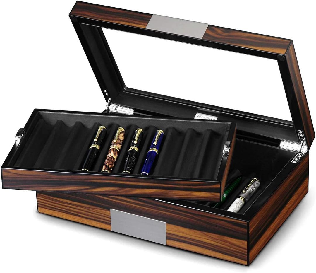 Pen Display Box Ebony Wood Display Case with Glass Window and Tray - Holds Up to 20 Pens