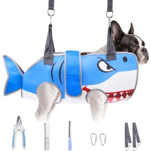 Dog Grooming Hammock for Small Dogs Cats, Cute Shark Design Dog Hanging Harness for Nail Trimming/Clipping, Pet Sling with Grooming Kit and Thick Neck Support & Strap Restraint Claw Care,XS