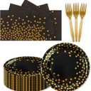 150PCS Paper Plates and Napkins Set - Black and Gold Dot Disposable Party Dinnerware Includes Paper Plates, Napkins, Forks Decorations for Birthdays, Graduations, Weddings and Holidays, Serves 50