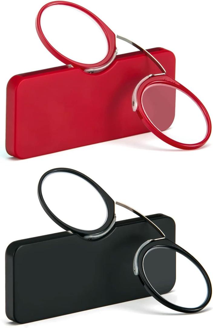 REAVEE 2 Pack Pinch Nose Clip on Reading Glasses Armless for Men Women, No Temple Slim Compact Readers Ultra Thin with Mini Portable Case, Black and Red +2.5