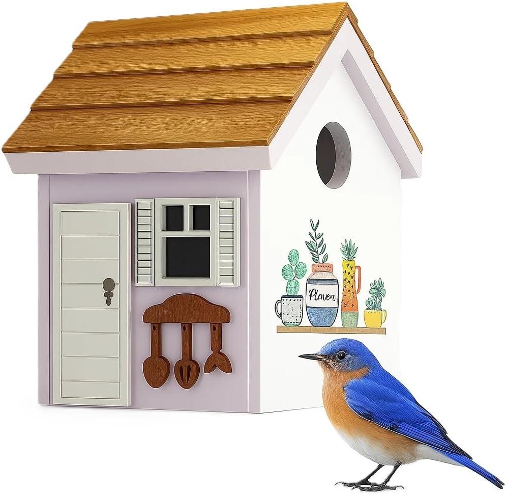 Vinyl Bird Houses for Outside, Composite Material Nest Box Shingle Roof,Water Proof Bird House for Outdoor, Squirrel Proof Hanging Birdhouse for Wren,Chickadee, 5Years Weatherable Bird Box (White)