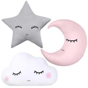 Chunful 3 Pcs Children Moon Star Cloud Cushion Soft Plush Cloud Shaped Pillow Stuffed Stars and Moon Nursery Decor Home Decor for Bedroom Crib Party Supplies (Pink Gray White)