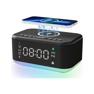 Alarm Clock Speaker Wireless Charger, Digital Alarm Clocks Bedrooms Bluetooth, Alarm Clock Dimmable Light Bedrooms Dual Alarm Snooze Dimmer 12 24H RGB Night Light Bluetooth USB AUX, Black