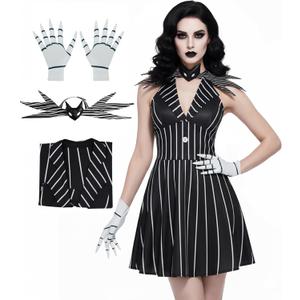 Poboola Christmas Night Jack Cosplay Costume Women Gothic Black Dress Stripe V-neck Bowtie Halloween Fancy Dress Outfit (Black, L)
