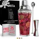 NIKITA by Niki Glass Cocktail Shaker Set, 5-Piece Martini Shaker & Bartender Kit with Bar Accessories Strainer, Jigger, Spoon & Muddler, Silver 16oz Drink Mixer with Bartender Accessories