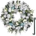 Valery Madelyn 30'' Pre-Lit Christmas Wreath for Front Door with Light, Large Lighted Outdoor Christmas Wreath with Blue Silvery White Xmas Balls for Home Porch Fireplace Window Holiday Party Decor