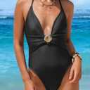Finesatile Womens One Piece Cut Out Bathing Suit Halter Strap 1 Pieces Swimwear High Cut Bathing Suits Deep Green XS (XS)