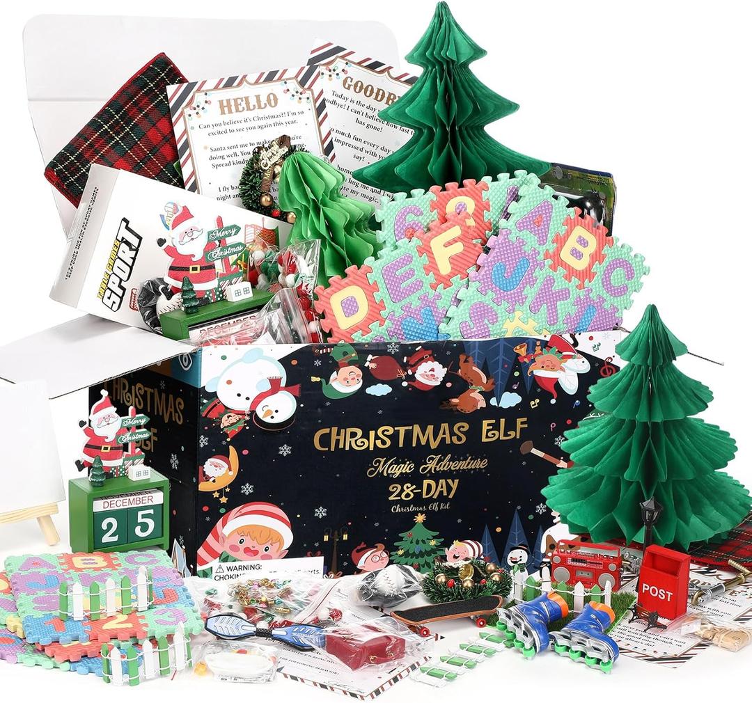 Elf Kit 24+4 Days of Christmas 2026, 28 Days of Elf Magic Kit, Holiday Advent Calendar, Xmas Countdown Box Include Daily Elves Scene Prop, Card Accessories for Christmas Decor(Snowy Night)