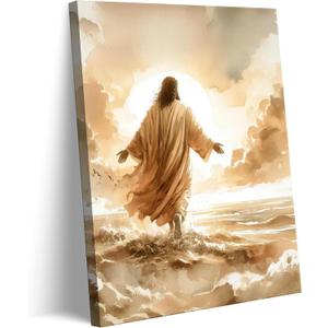 Jesus Walks On Water Canvas Wall Art Jesus On Water Sauntering Wall Decor Picture Christian Art Bible Poster Print Painting for Living Room Bedroom Church Home Decorate Ready To Hang (16L" x 12W"-canvas)