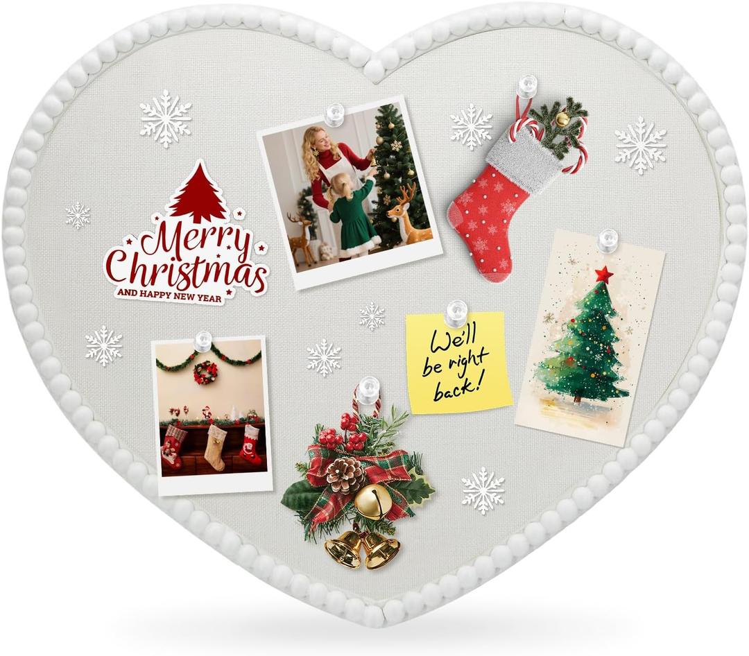 Large Heart Cork Bulletin Board with Linen, 24x19 Inch White Wood Frame Cute Picture Pin Board, Decorative Vision Board for Home Office, Study, Bedroom