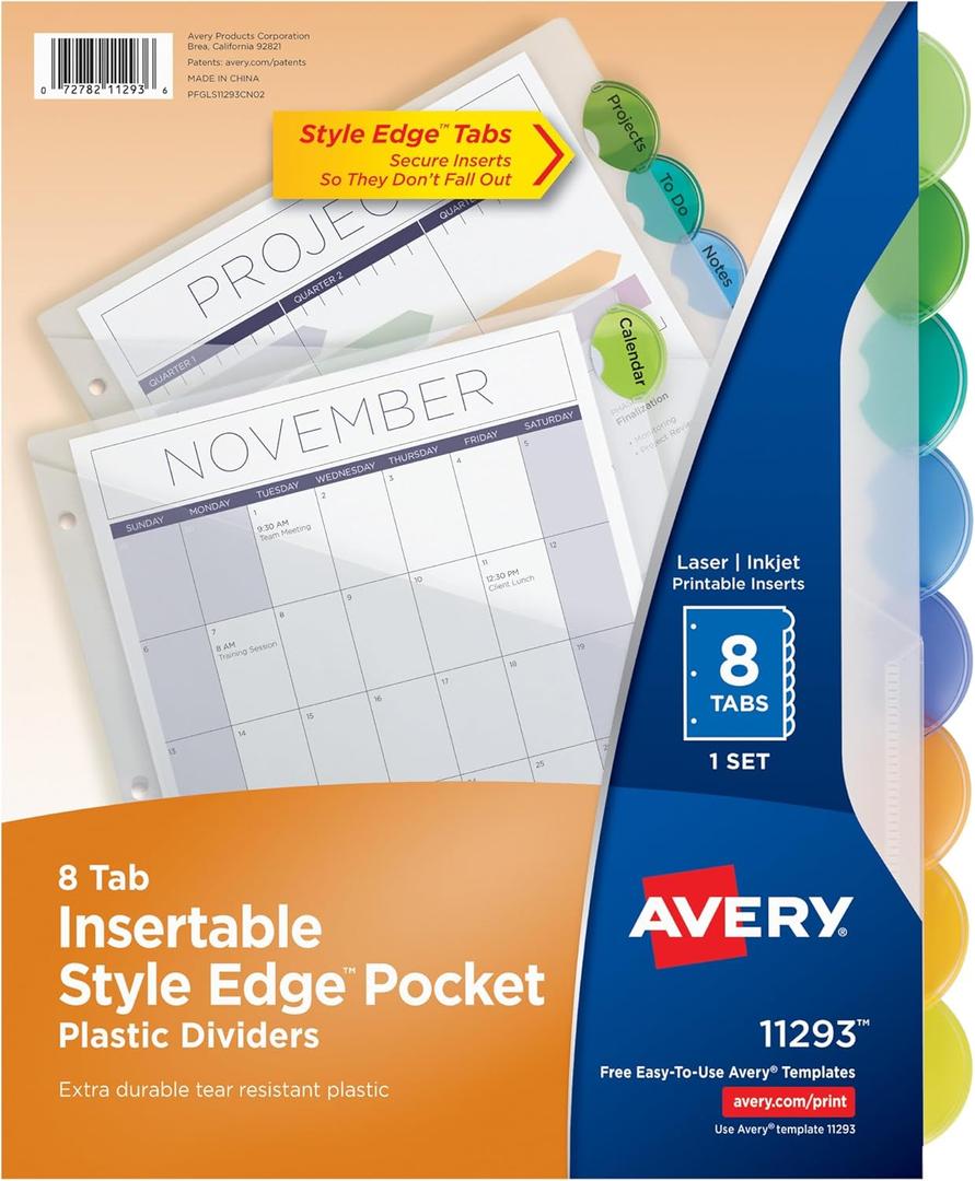 Avery Plastic 8-Tab Binder Dividers with Pockets, Style Edge Insertable Multicolor Tabs, 1 Set (11293)
